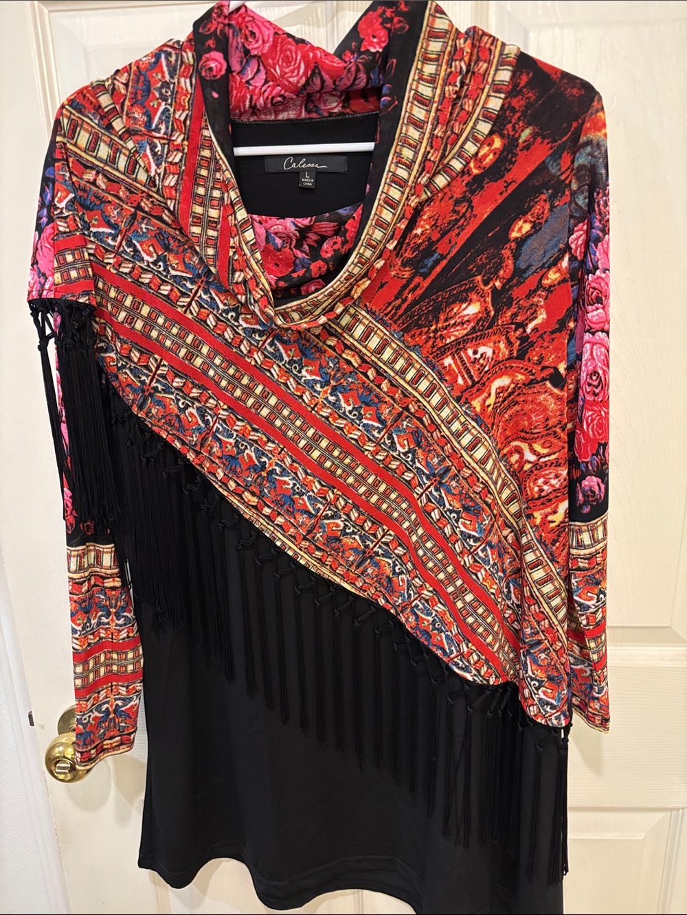 Cale Black Long-Sleeve Tunic with Red and Pink Printed Overlay